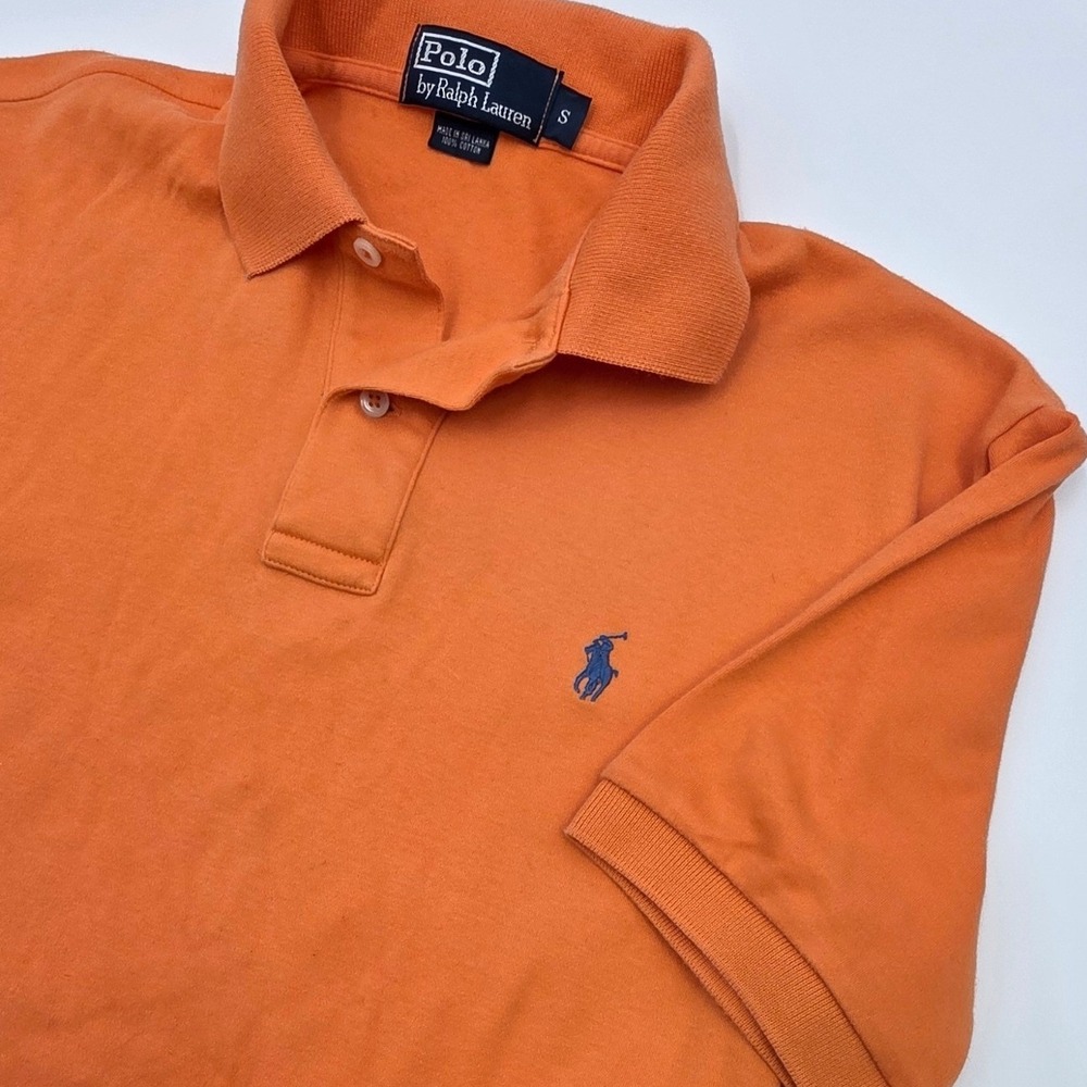 VINTAGE 90S POLO RALPH LAUREN SHIRT MENS SMALL ORANGE BLUE EMBROIDED PONY COTTON